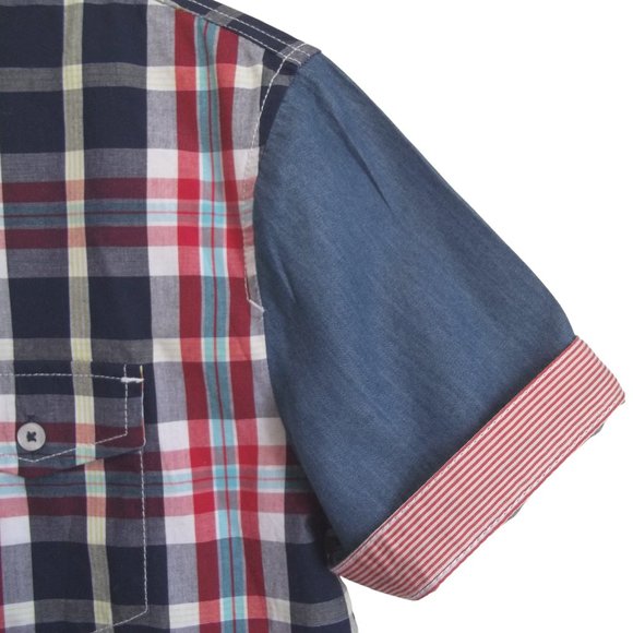 HENUS EDWIN 95 Plaid Chambray Sleeve Collar Button Down Front Cotton Shirt M NWT - Picture 5 of 7